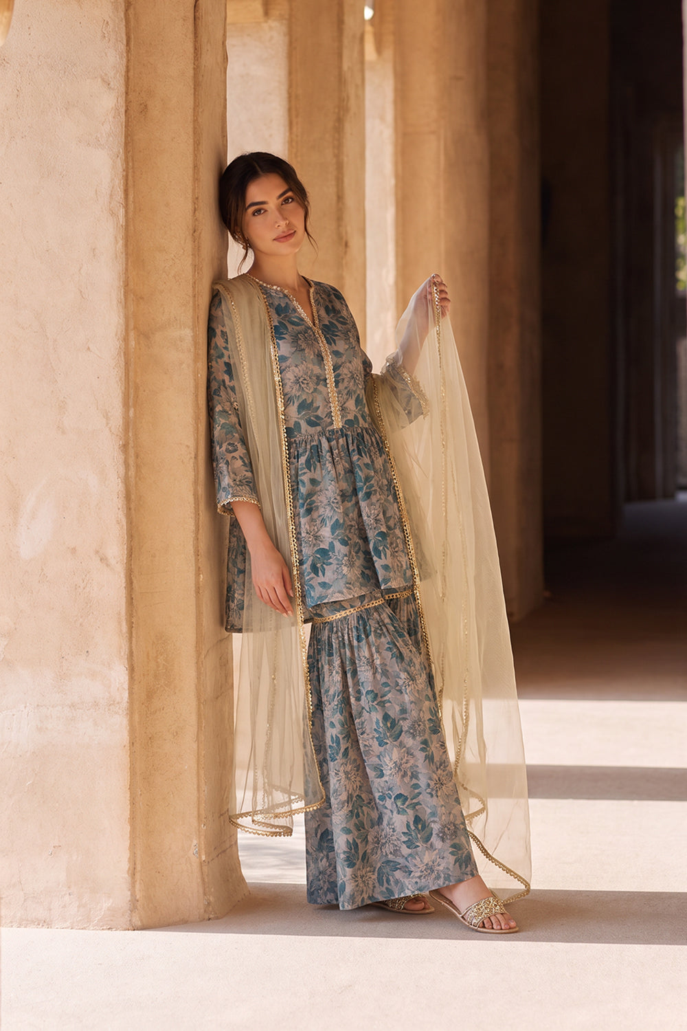 SILK BLEND PRINTED PEPLUM SHARARA SET- SAGE GREEN