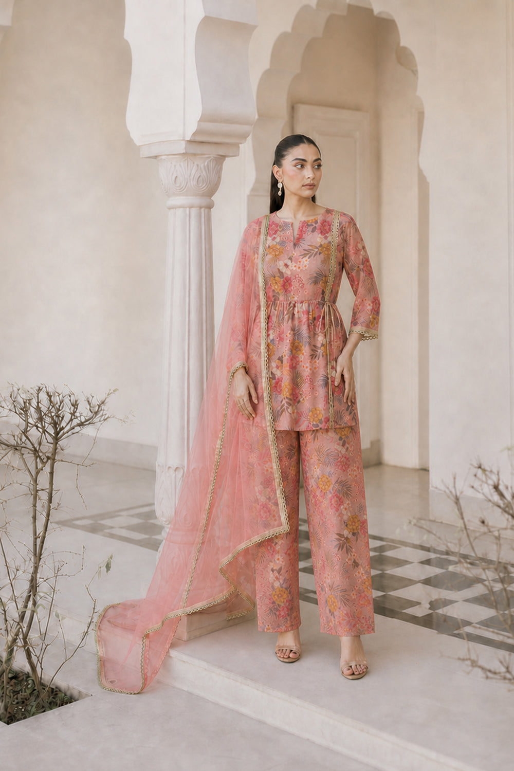 SILK BLEND PRINTED PEPLUM FARSHI SET- PINK