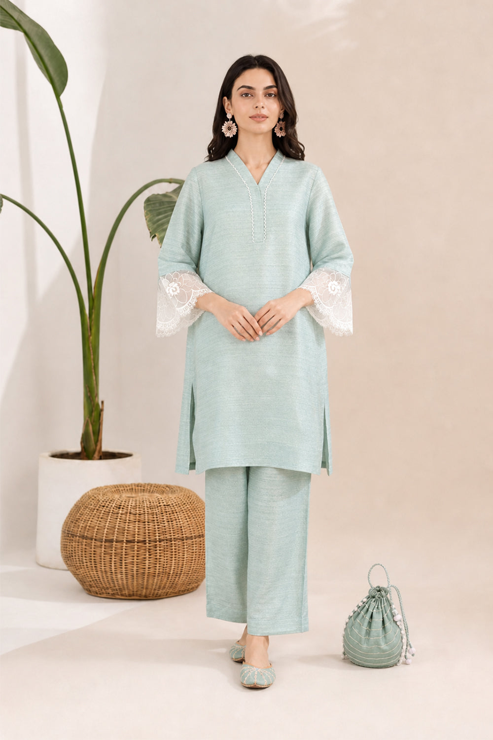 SILK BLEND LACE DETAILING KURTI SET- MINT GREEN
