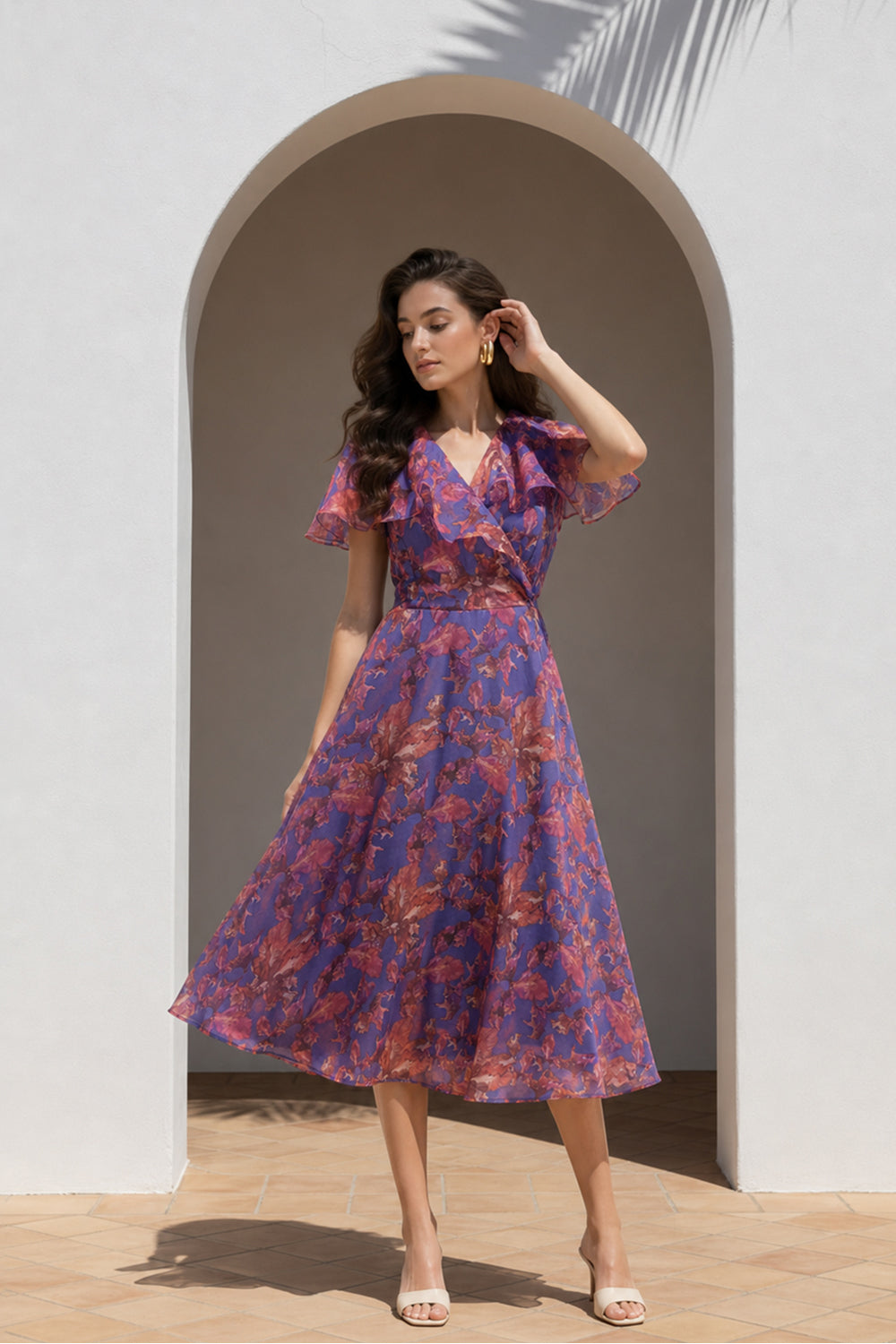SILK ORGANZA FLUTTER SLEEVE DRESS-PURPLE PRINT