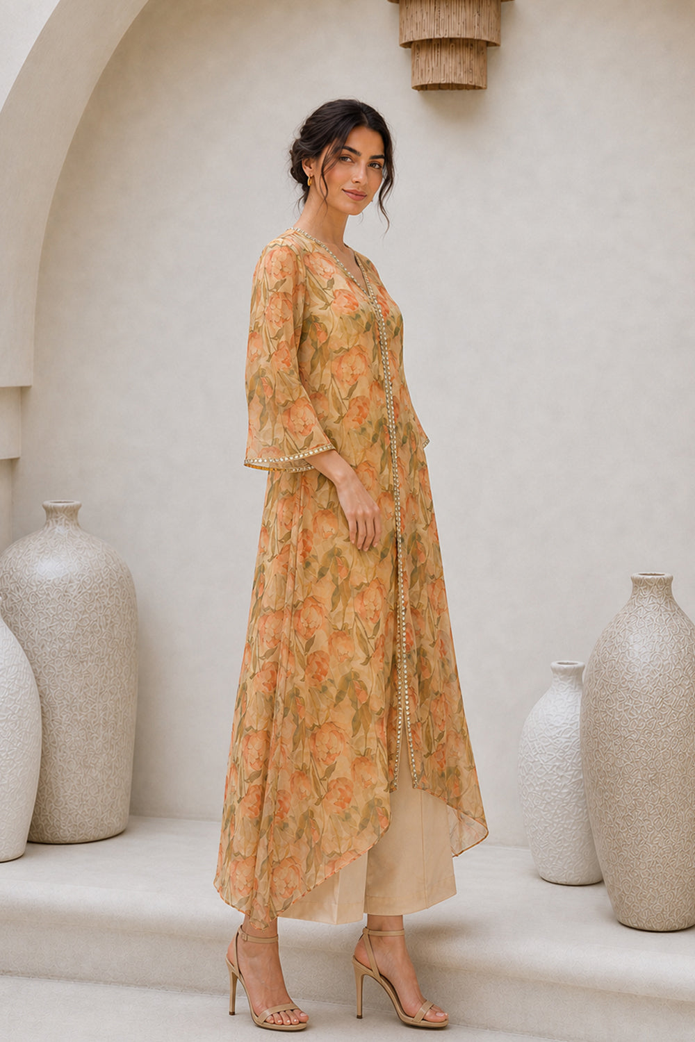 ORGANZA EMBELLISHED KURTA SET- BEIGE
