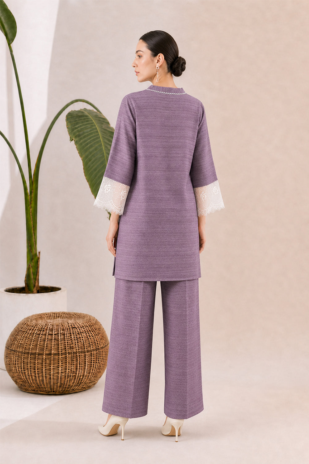 SILK BLEND LACE DETAILING KURTI SET- MAUVE PURPLE