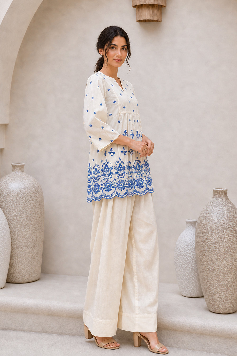 COTTON EMBROIDERED PEPLUM TOP- WHITE & BLUE