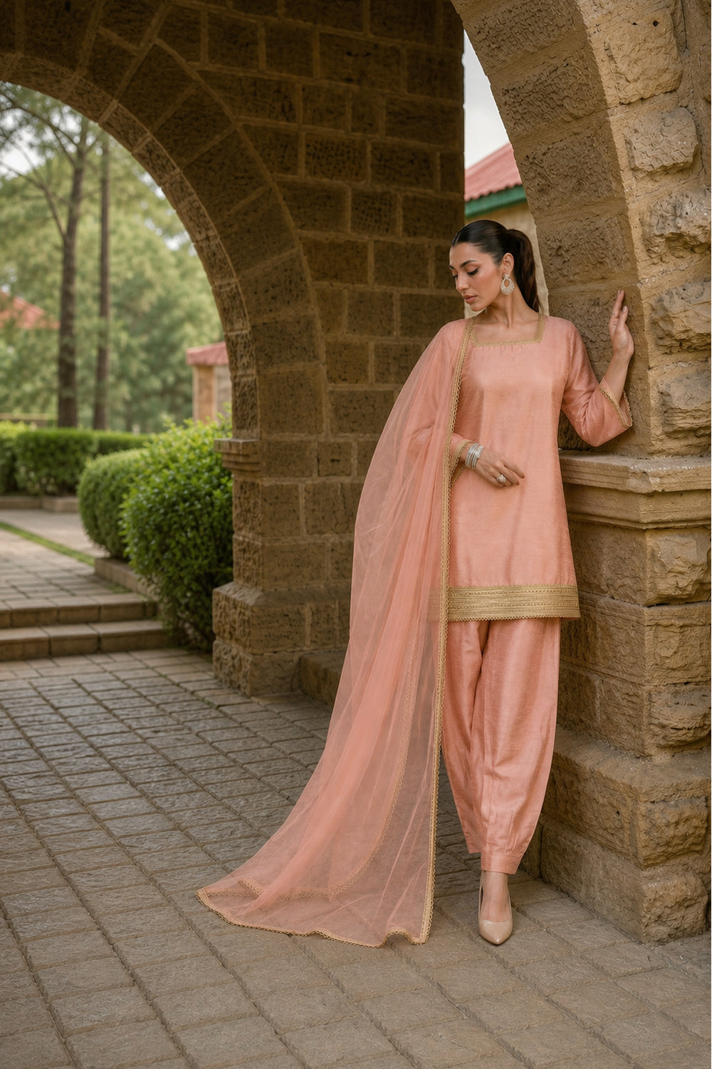 SILK BLEND CORSET SUIT SET- PEACH