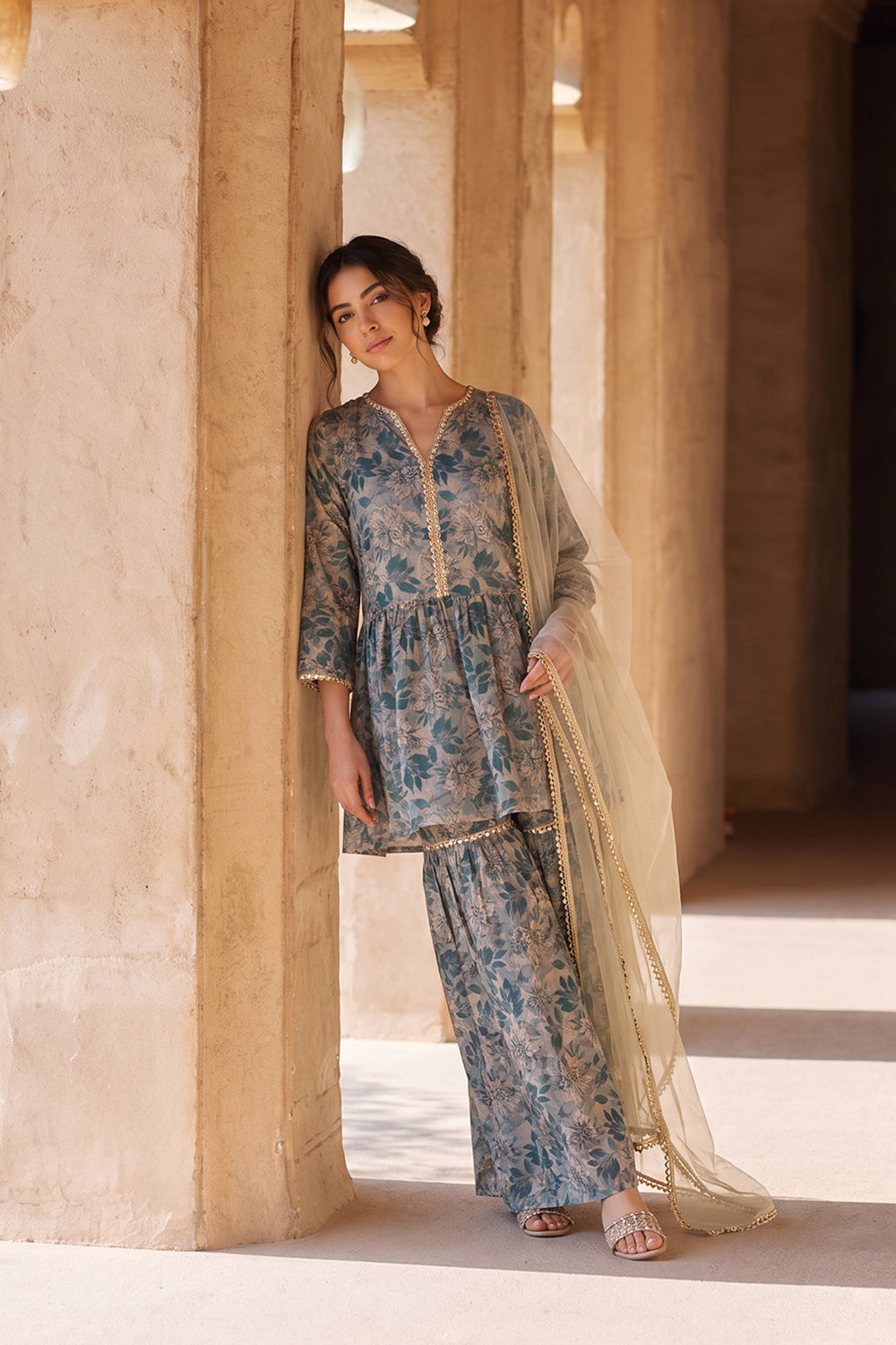 SILK BLEND PRINTED PEPLUM SHARARA SET- SAGE GREEN