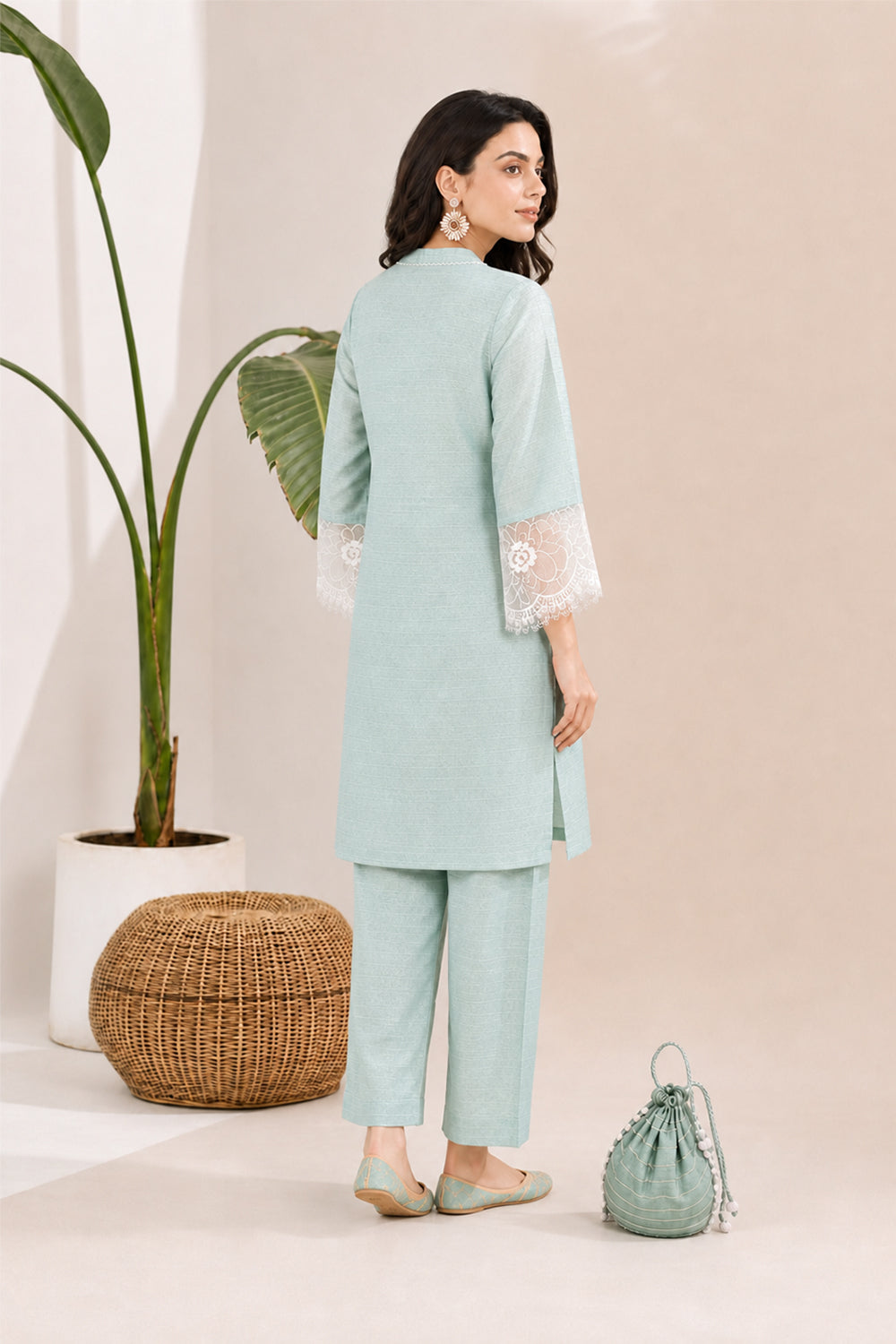 SILK BLEND LACE DETAILING KURTI SET- MINT GREEN