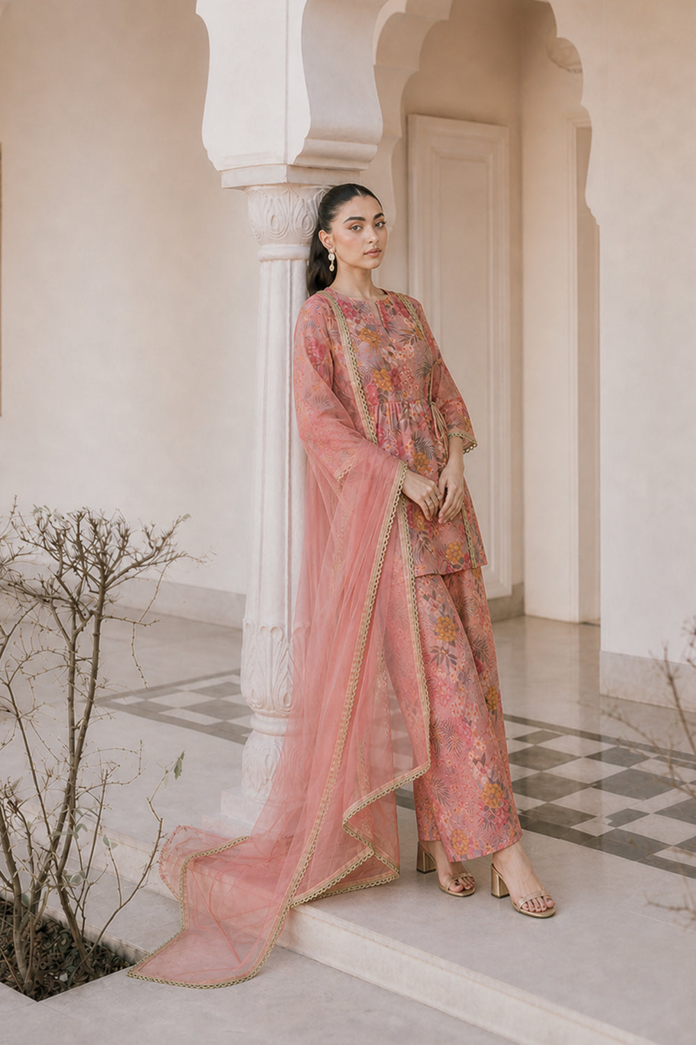 SILK BLEND PRINTED PEPLUM FARSHI SET- PINK