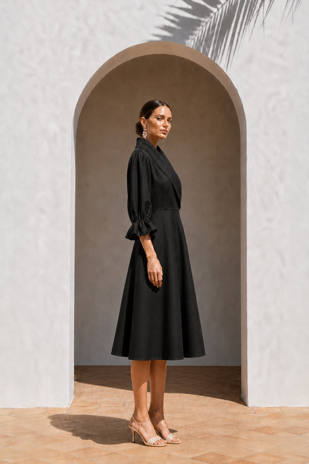 POLY MOSS SHAWL COLLAR DRESS- BLACK