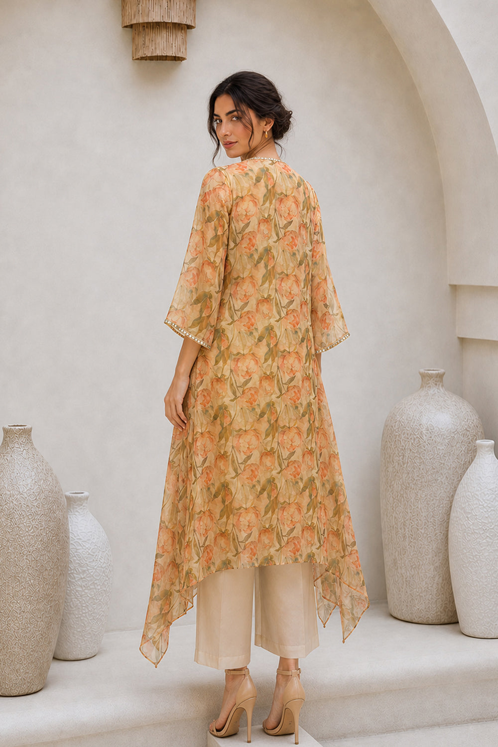 ORGANZA EMBELLISHED KURTA SET- BEIGE