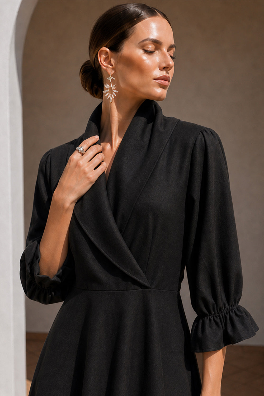 POLY MOSS SHAWL COLLAR DRESS- BLACK