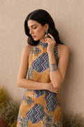 SILK MAXI DRESS- WALNUT BROWN & BLUE PRINTED