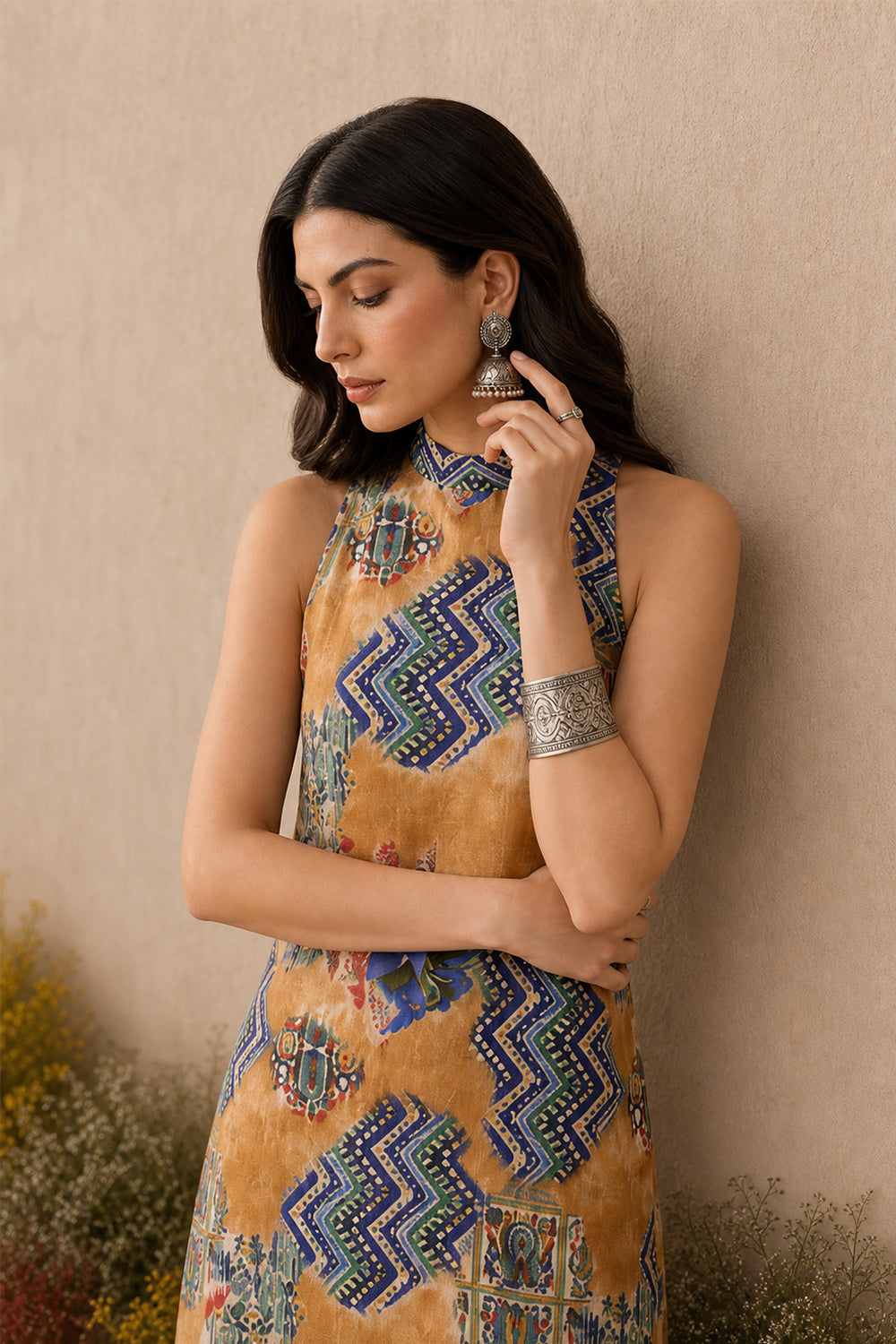 SILK MAXI DRESS- WALNUT BROWN & BLUE PRINTED