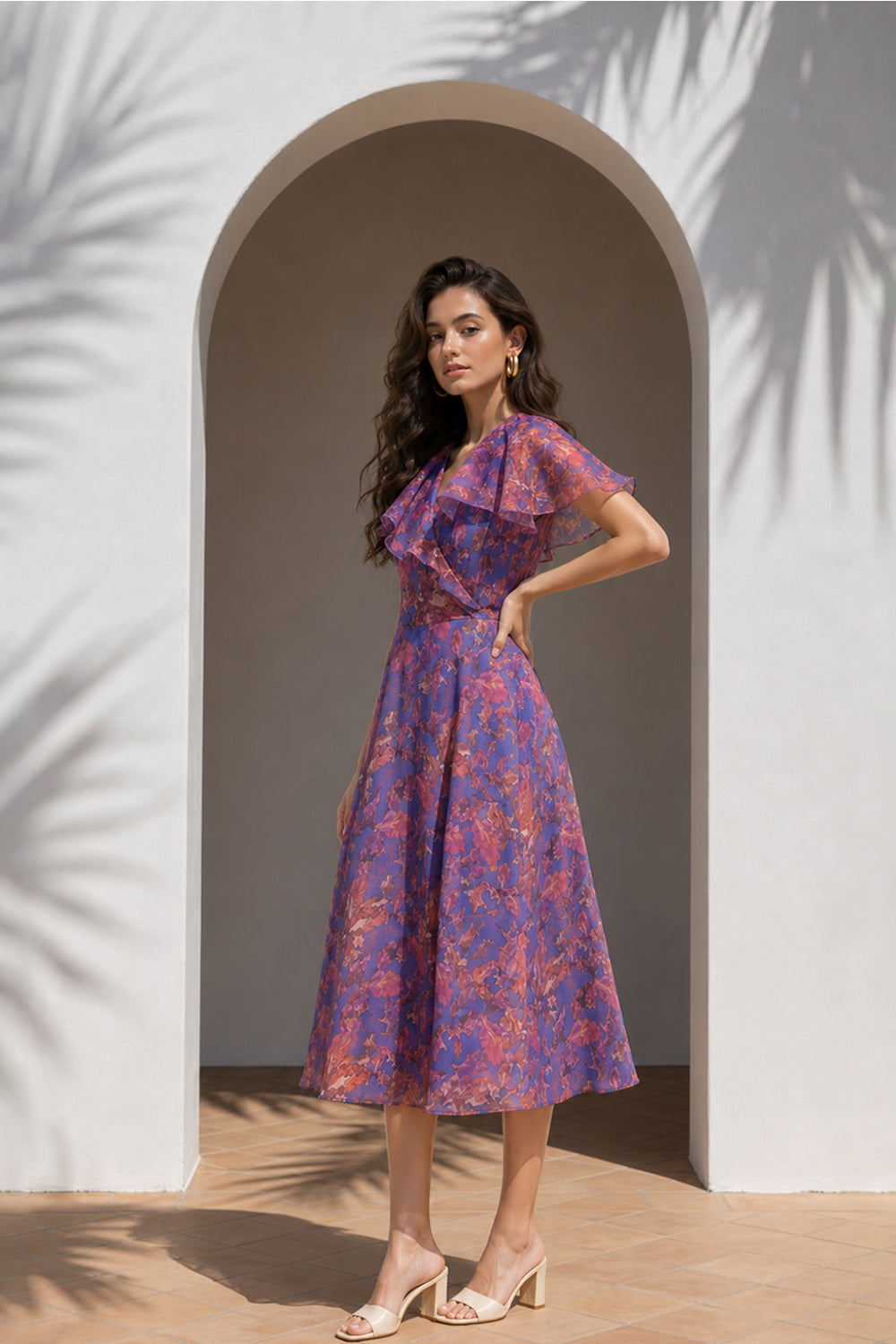 SILK ORGANZA FLUTTER SLEEVE DRESS-PURPLE PRINT