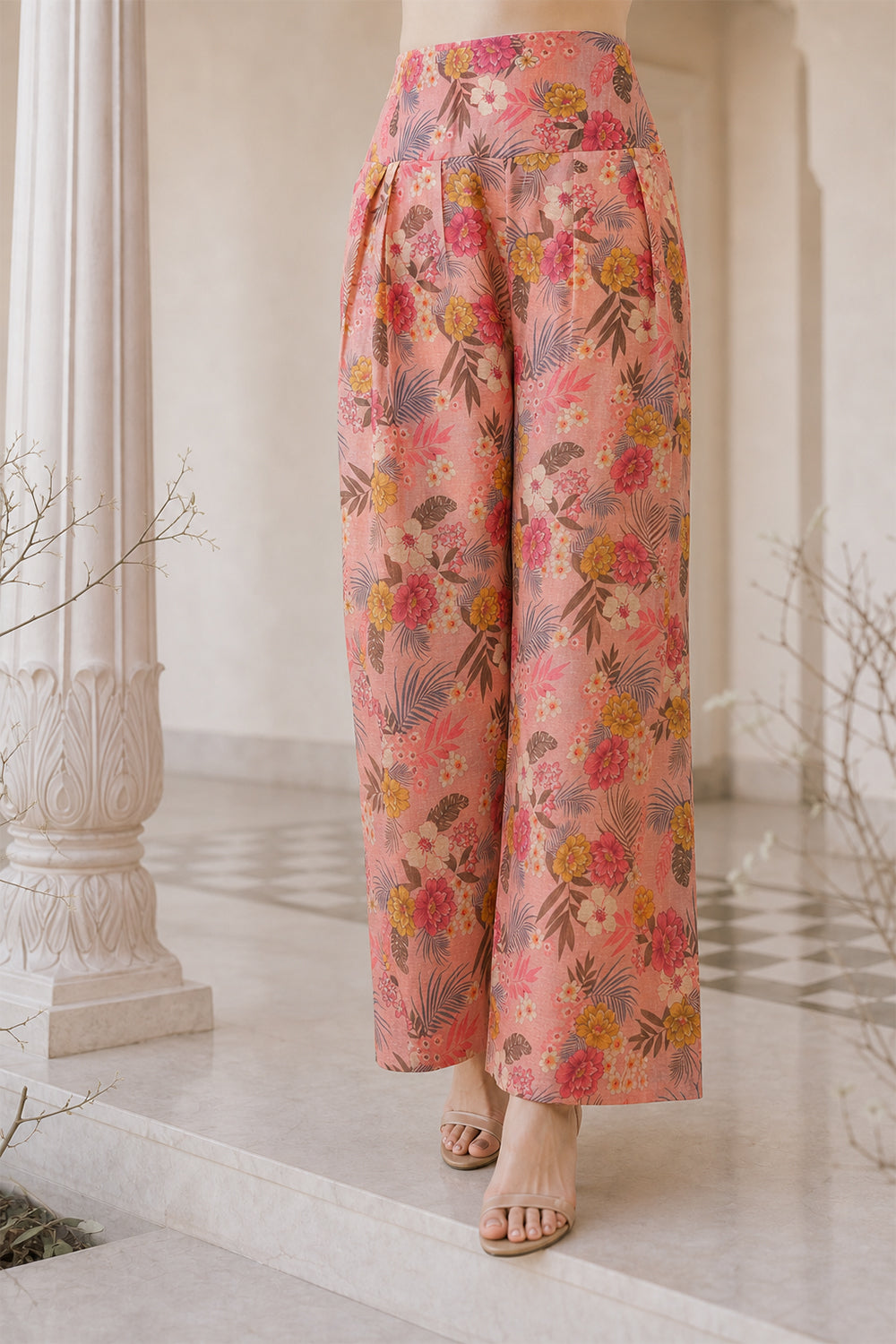 SILK BLEND PRINTED PEPLUM FARSHI SET- PINK