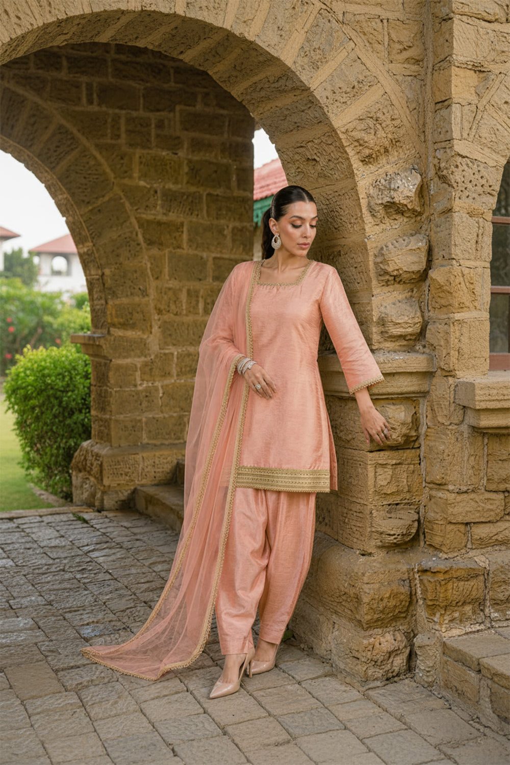 SILK BLEND CORSET SUIT SET- PEACH