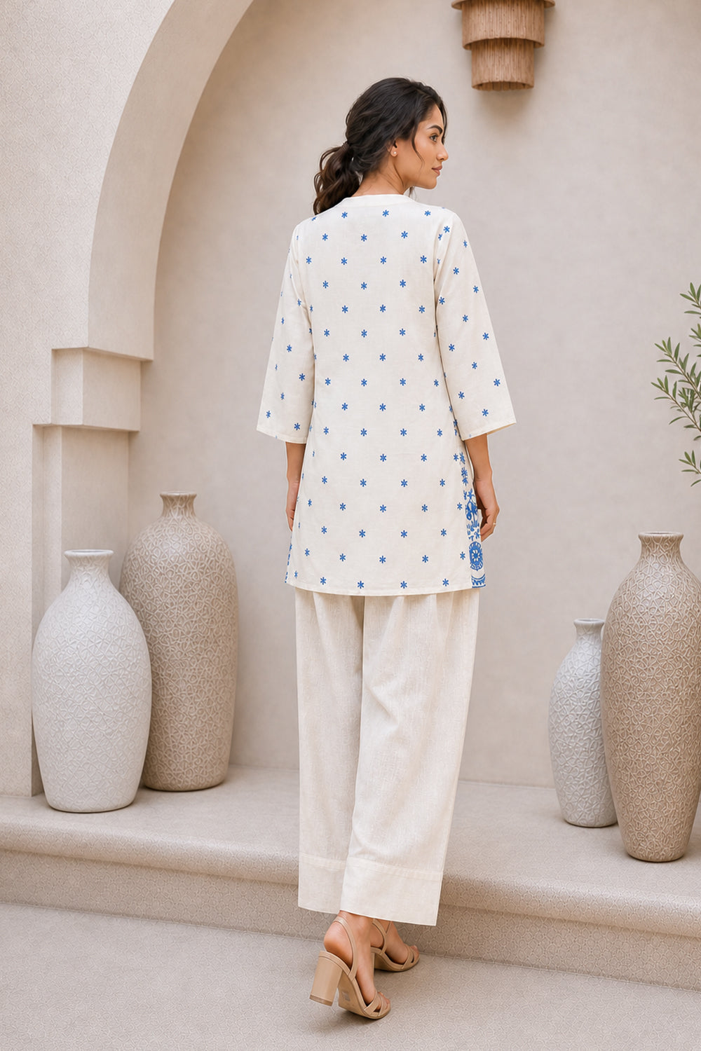 COTTON EMBROIDERED PEPLUM TOP- WHITE & BLUE