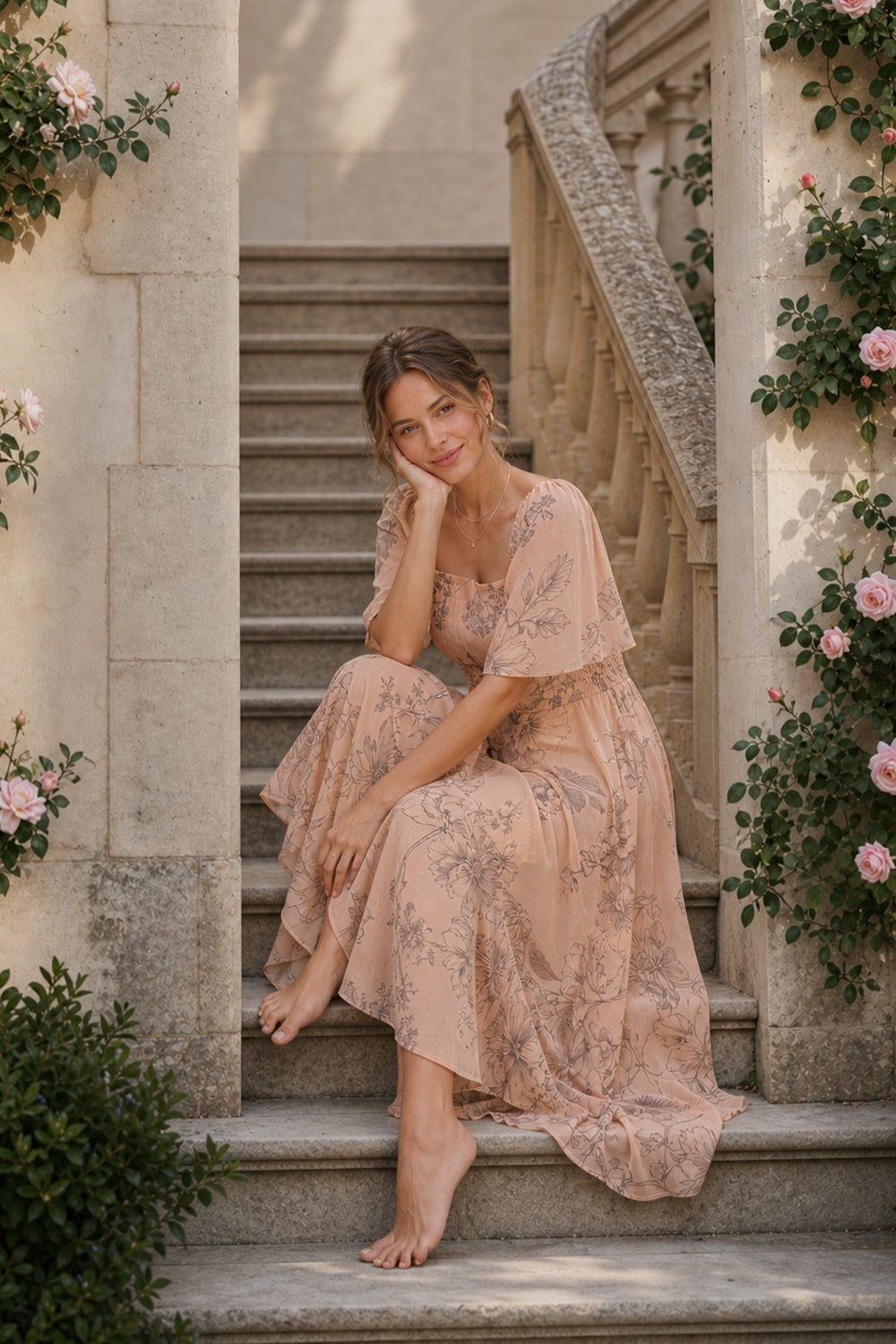 CHIFFON FIT & FLARE DRESS-NUDE