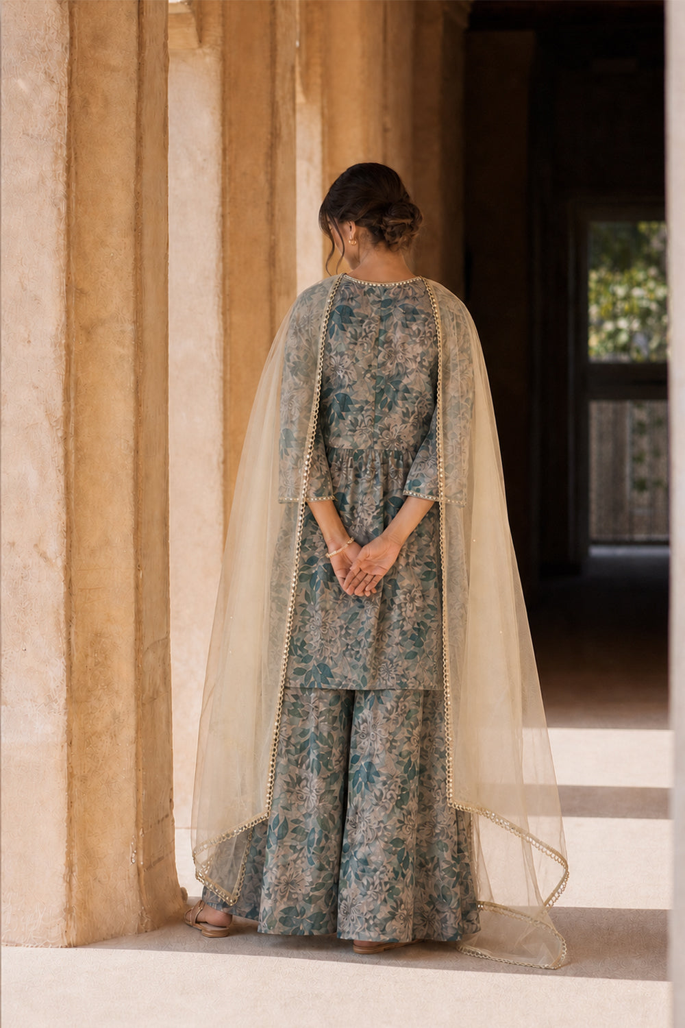SILK BLEND PRINTED PEPLUM SHARARA SET- SAGE GREEN