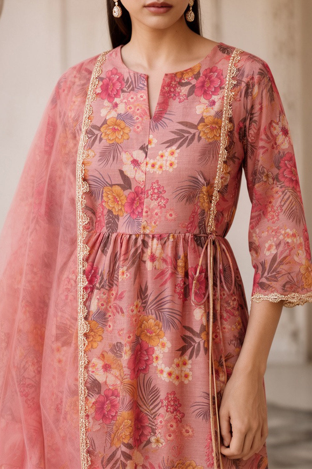 SILK BLEND PRINTED PEPLUM FARSHI SET- PINK
