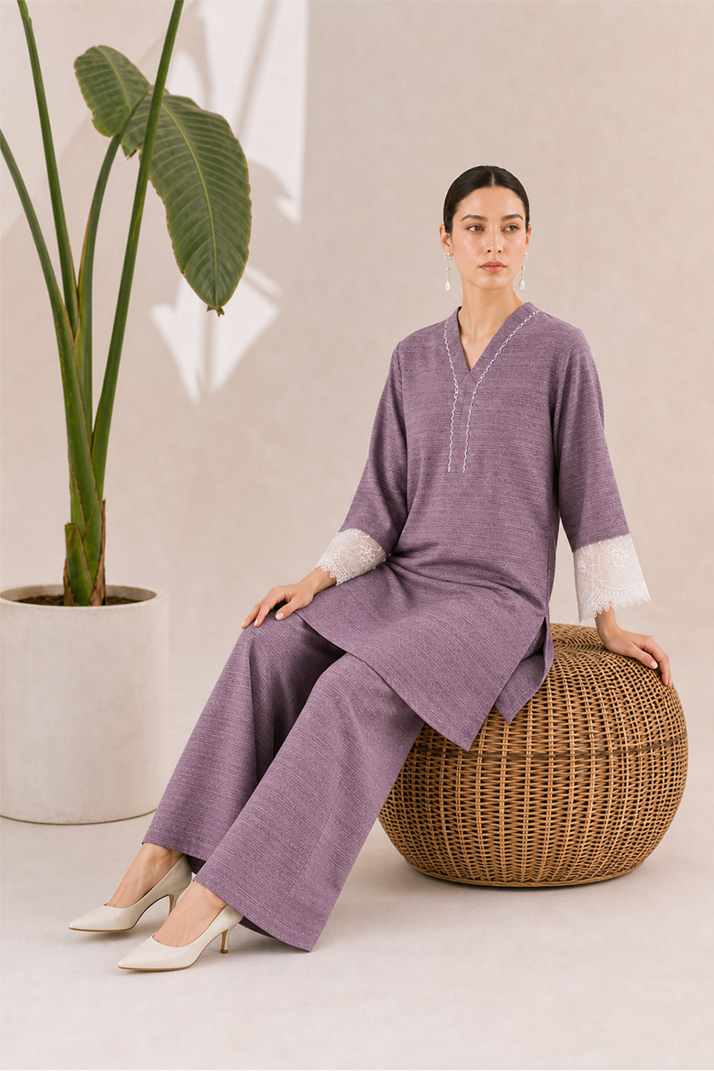 SILK BLEND LACE DETAILING KURTI SET- MAUVE PURPLE
