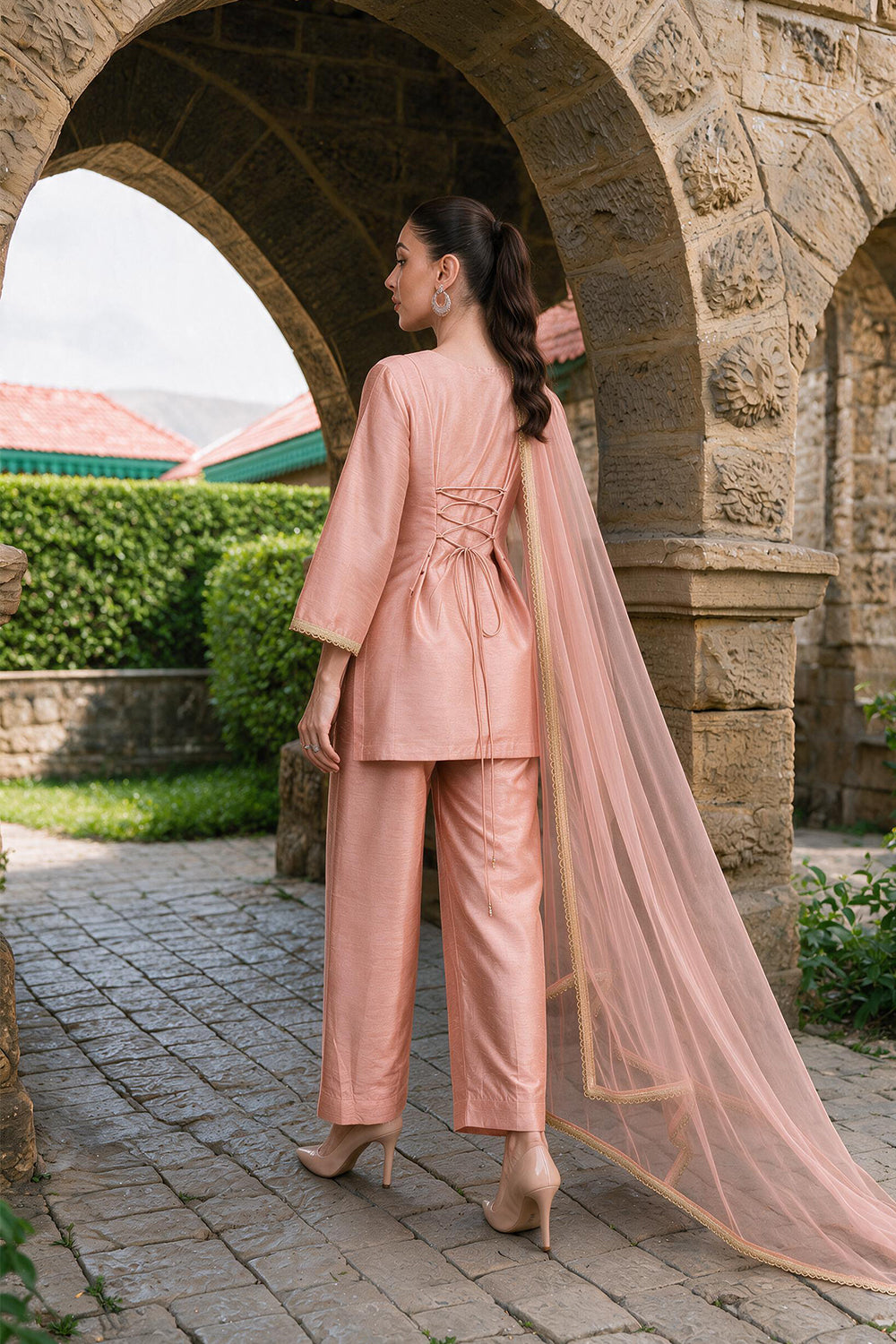 SILK BLEND CORSET SUIT SET- PEACH