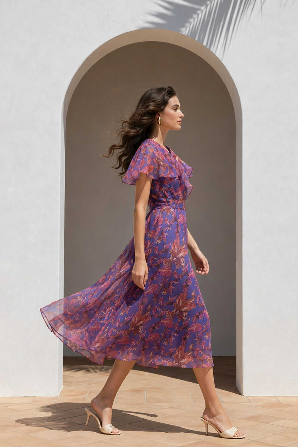 SILK ORGANZA FLUTTER SLEEVE DRESS-PURPLE PRINT