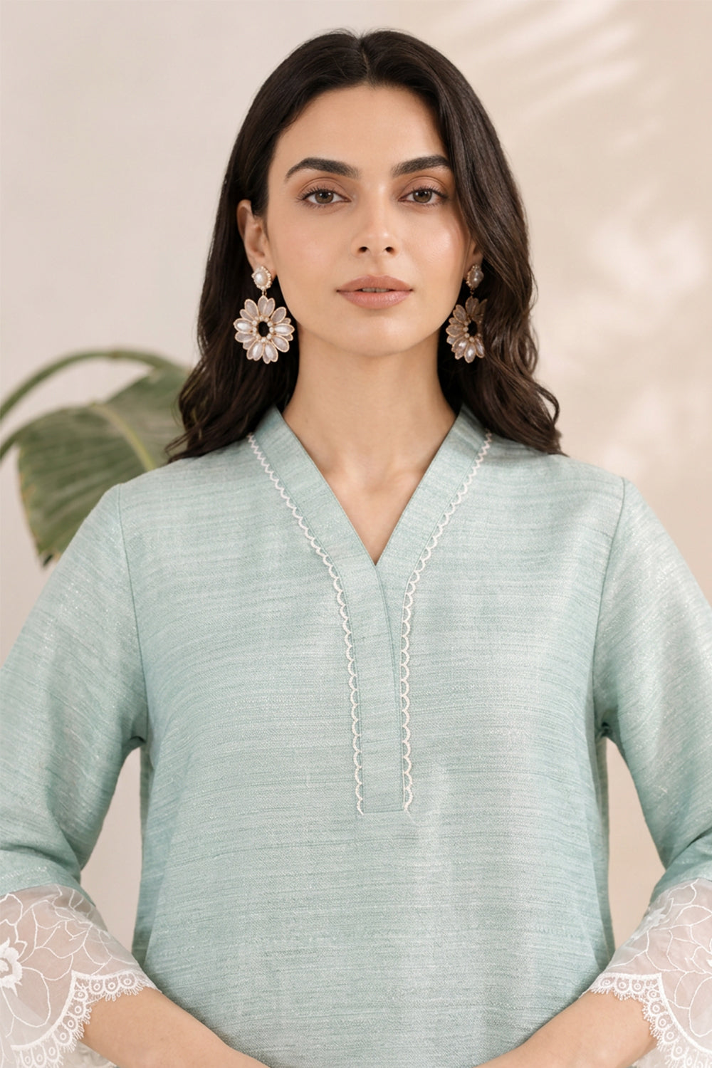 SILK BLEND LACE DETAILING KURTI SET- MINT GREEN