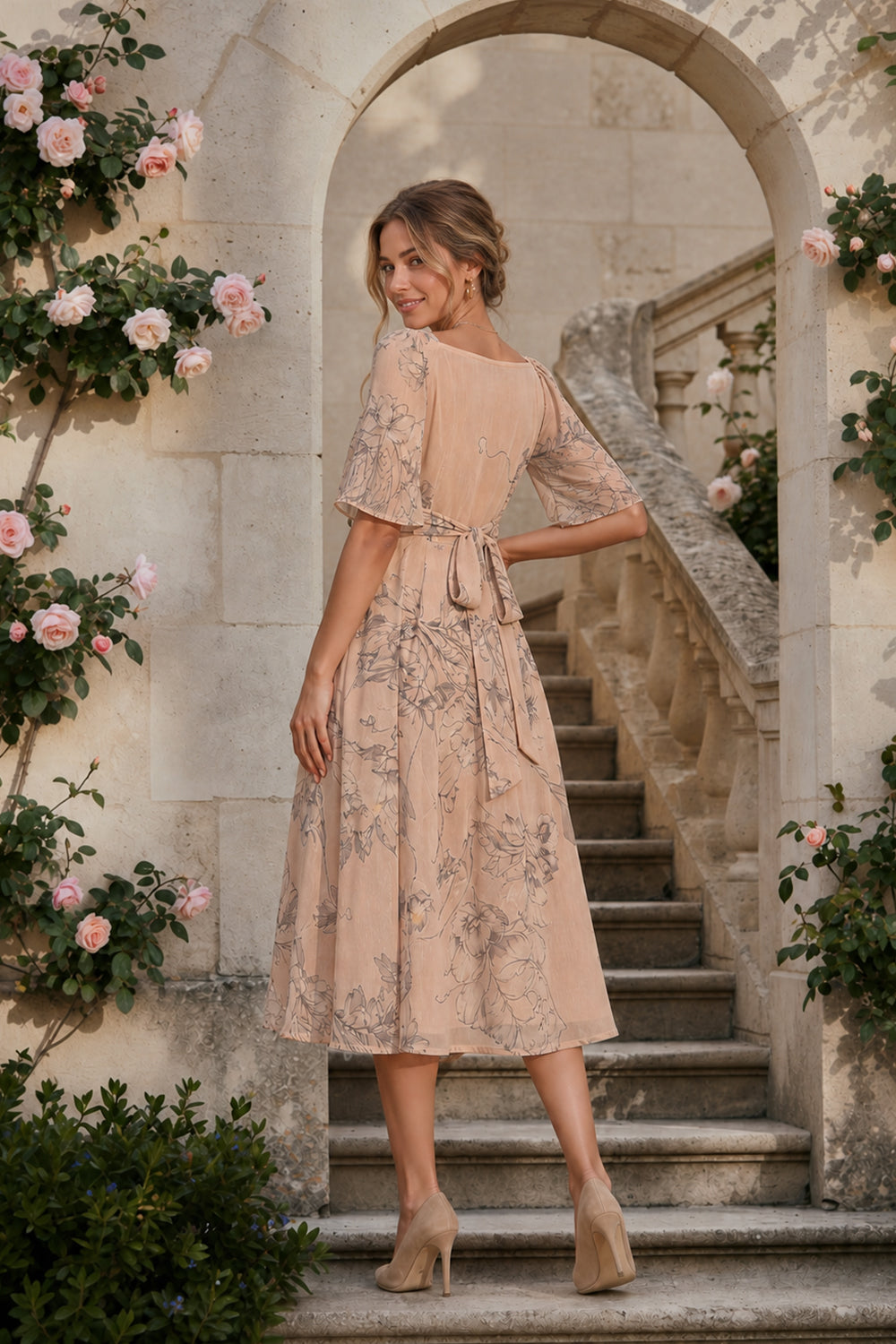 CHIFFON FIT & FLARE DRESS-NUDE