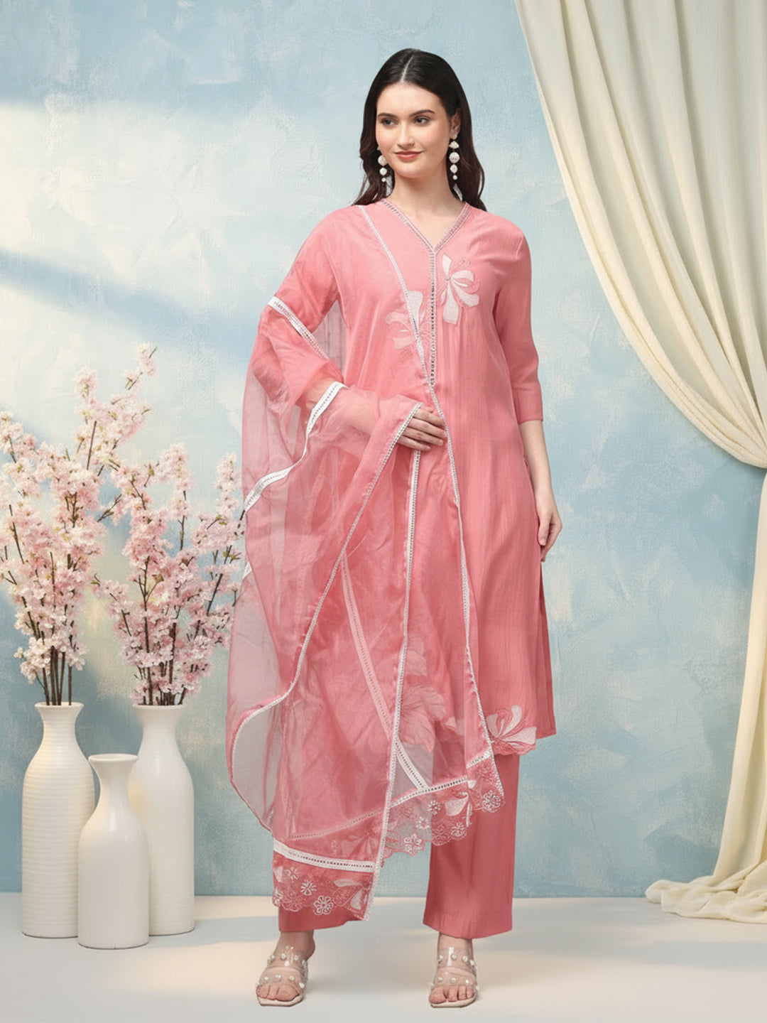 Floral Embroidered Cotton Kurta with Trousers & Dupatta