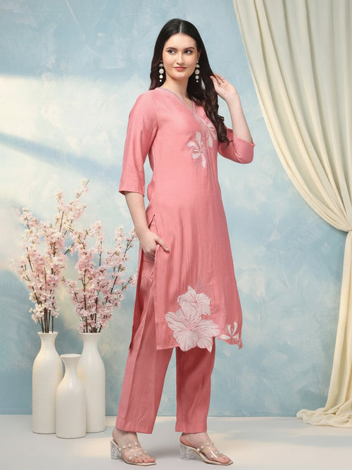 Floral Embroidered Cotton Kurta with Trousers & Dupatta