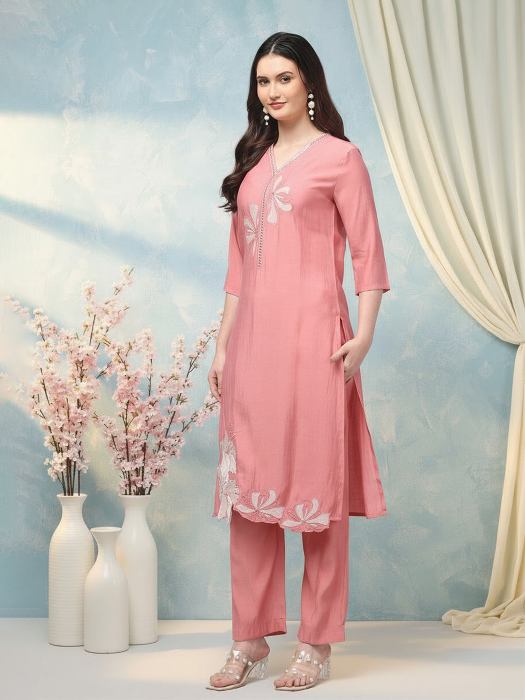 Floral Embroidered Cotton Kurta with Trousers & Dupatta