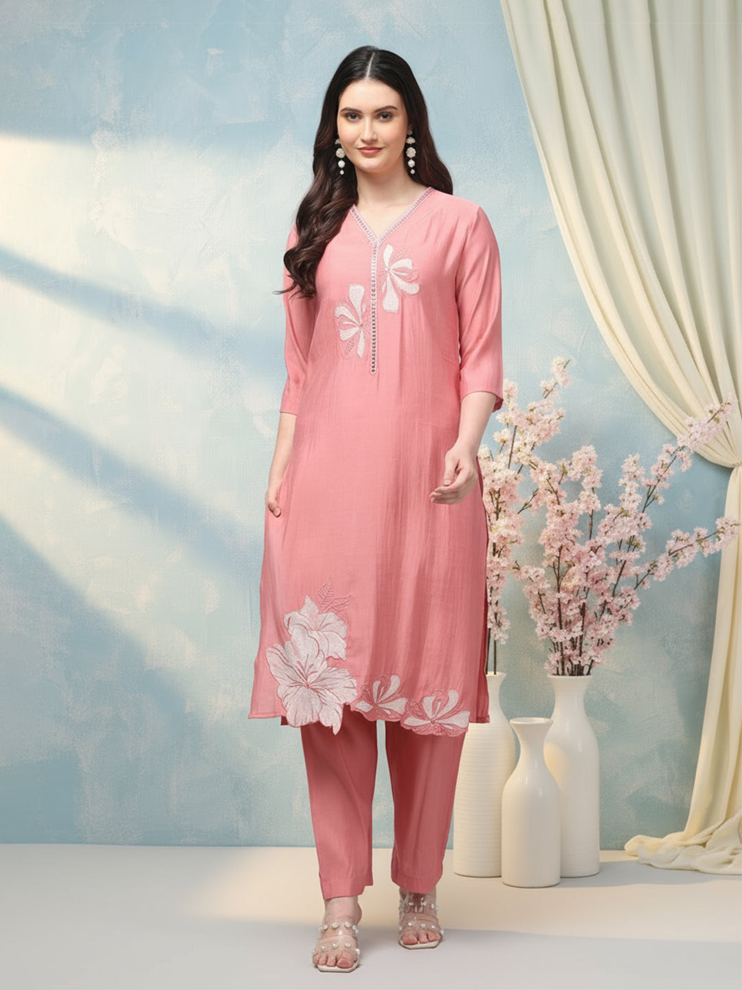 Floral Embroidered Cotton Kurta with Trousers & Dupatta
