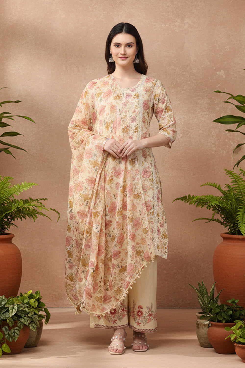 PRINTED COTTON SUIT SET- CREAM