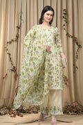 COTTON PRINTED & EMBROIDERED SUIT SET-OLIVE GREEN