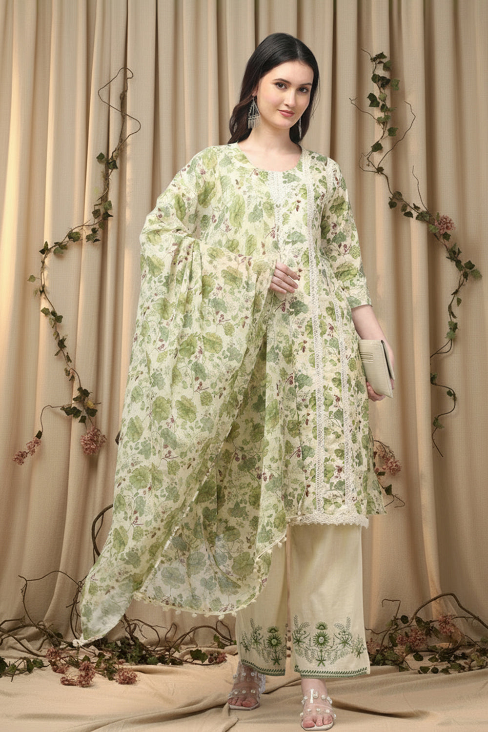 COTTON PRINTED & EMBROIDERED SUIT SET-OLIVE GREEN