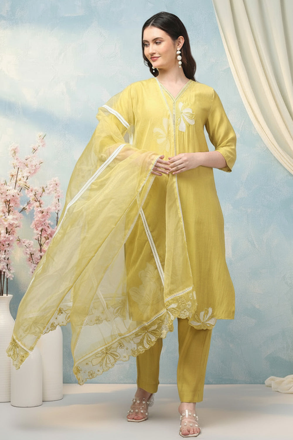 SILK BLEND EMBROIDERED SUIT SET-YELLOW