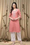 COTTON CHIKANKARI MIRROR WORK SUIT SET- CARROT PINK