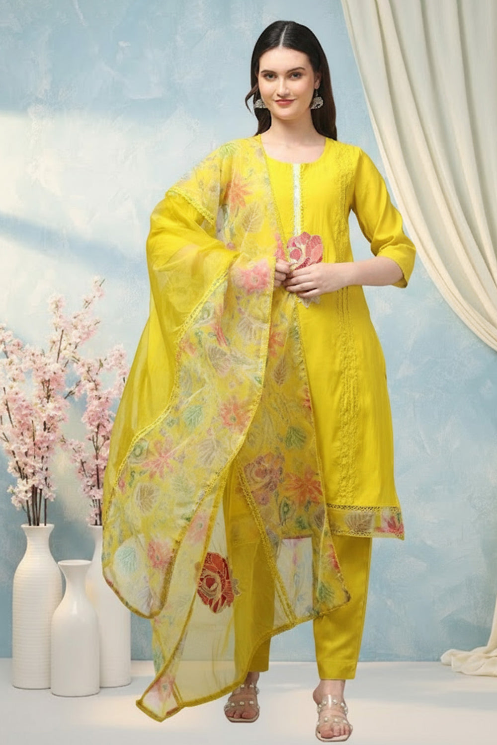SILK BLEND EMBROIDERED SUIT SET- YELLOW