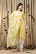 COTTON CHIKANKARI MIRROR WORK SUIT SET- YELLOW