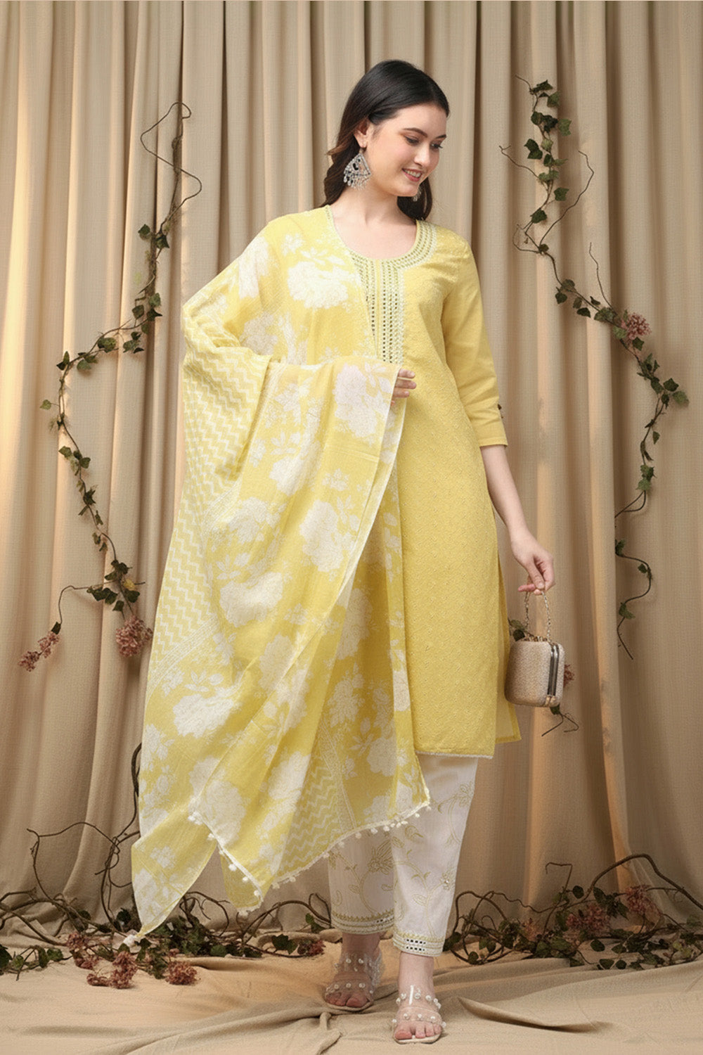 COTTON CHIKANKARI MIRROR WORK SUIT SET- YELLOW