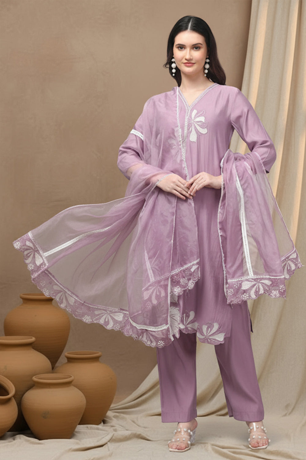 SILK BLEND EMBROIDERED SUIT SET-PURPLE