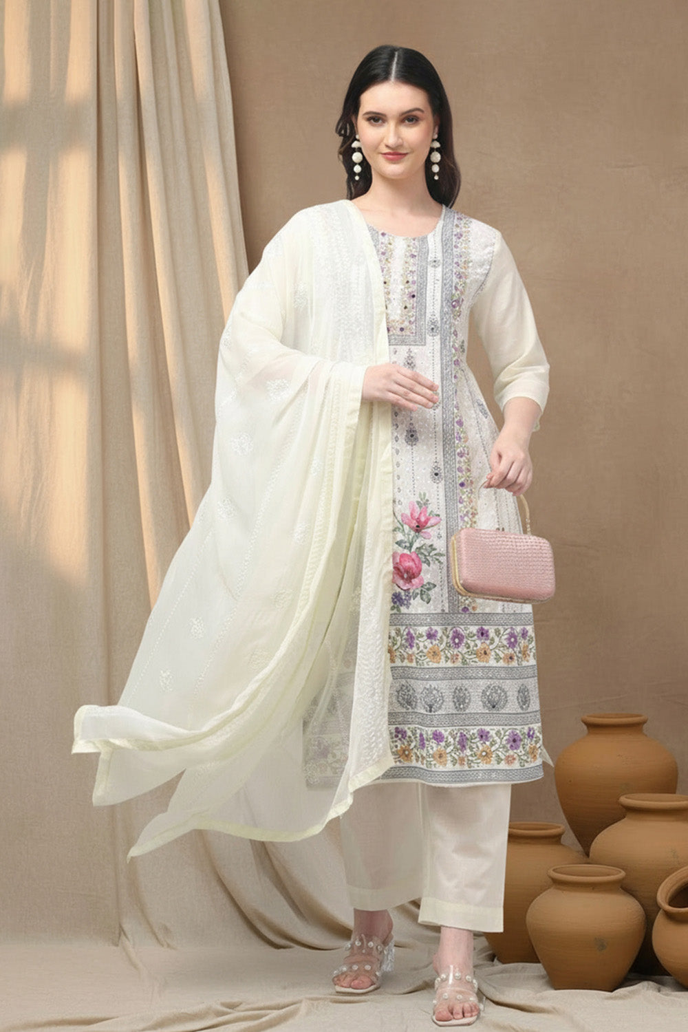 COTTON EMBROIDERED SUIT SET- CREAM