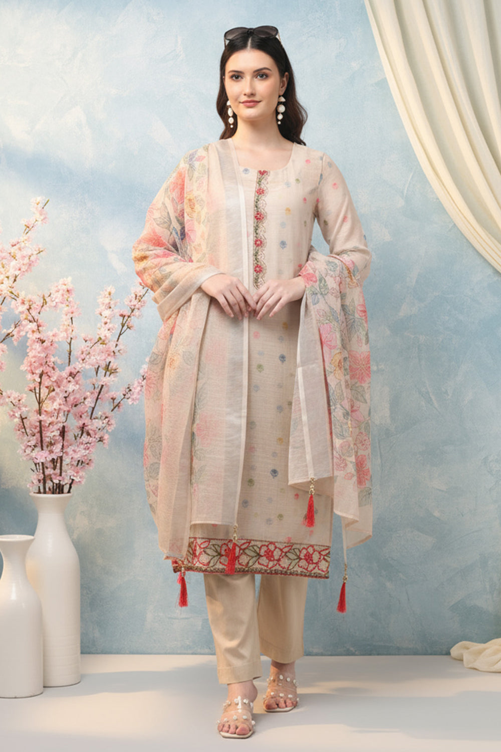 COTTON EMBROIDERED SUIT SET- BEIGE