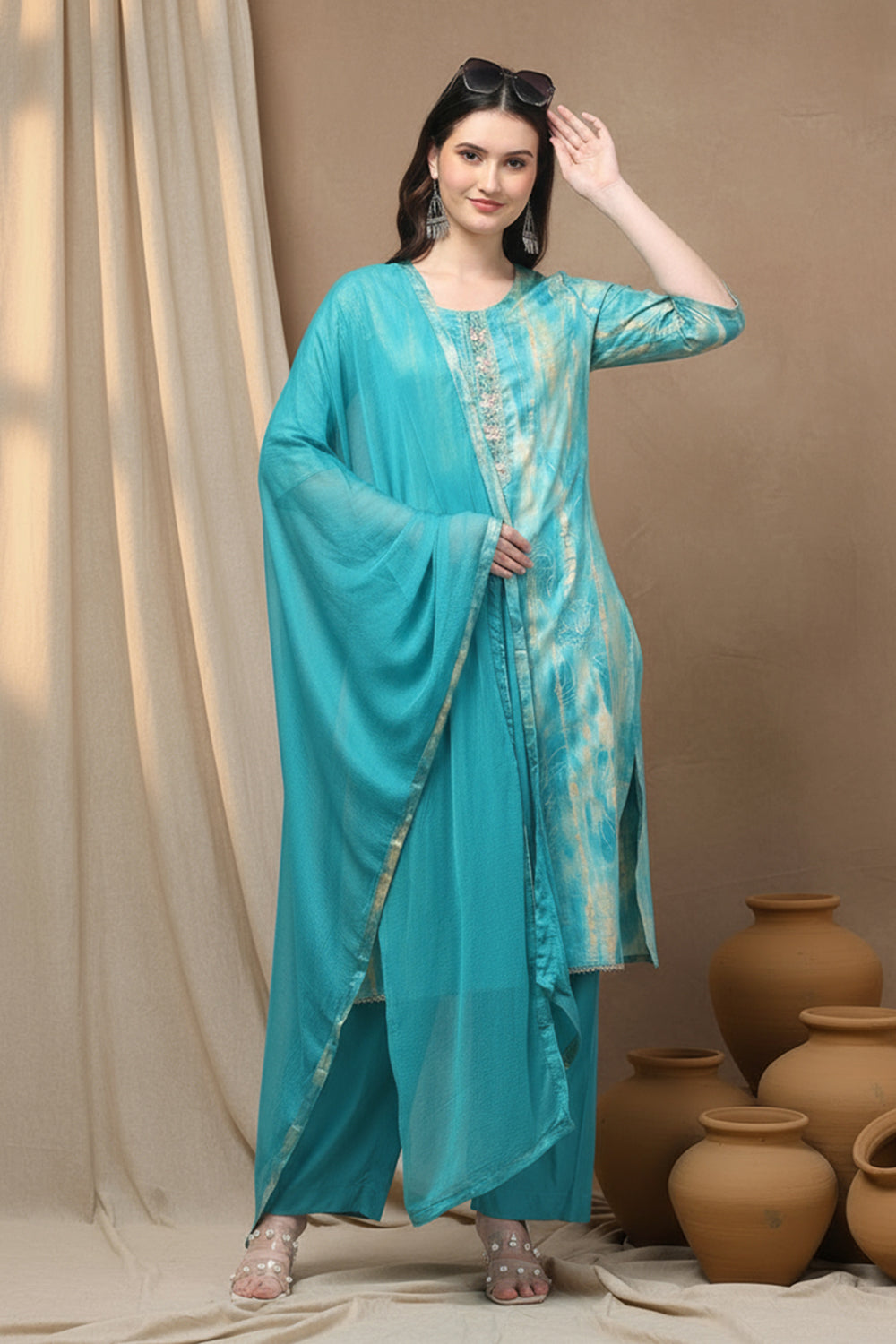 SILK BLEND FOIL PRINT SUIT SET-SEA GREEN