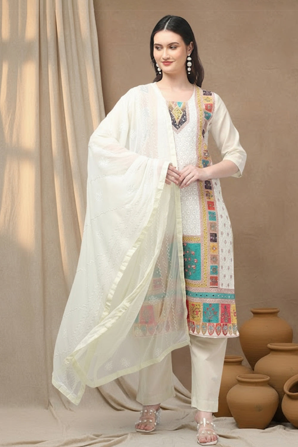 COTTON EMBROIDERED SUIT SET- CREAM