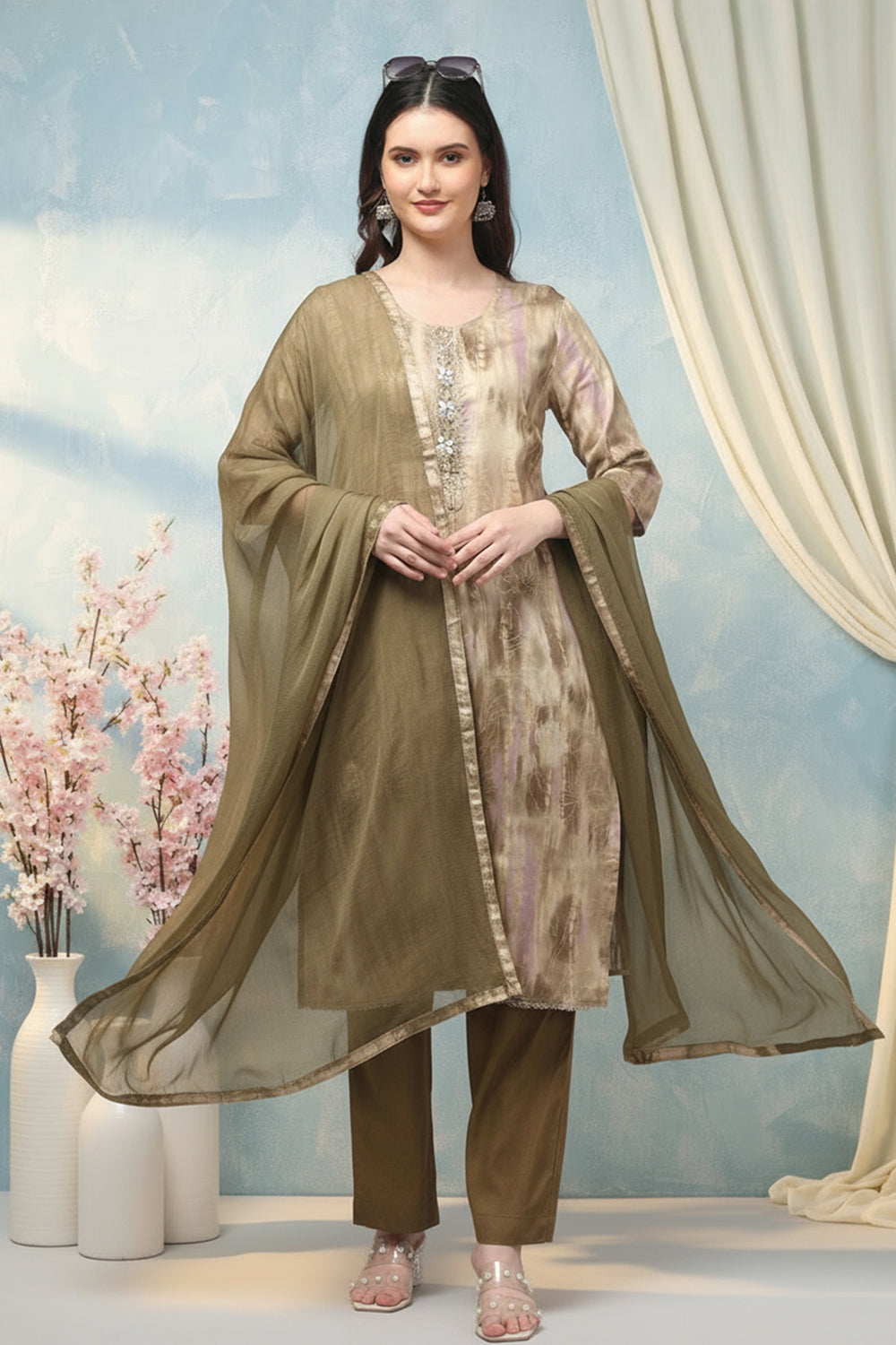 SILK BLEND PRINTED SUIT SET-OLIVE GREEN