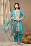 SILK BLEND ETHNIC PRINT SUIT SET- SEA GREEN