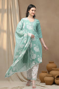 COTTON CHIKANKARI SUIT SET- SEA GREEN
