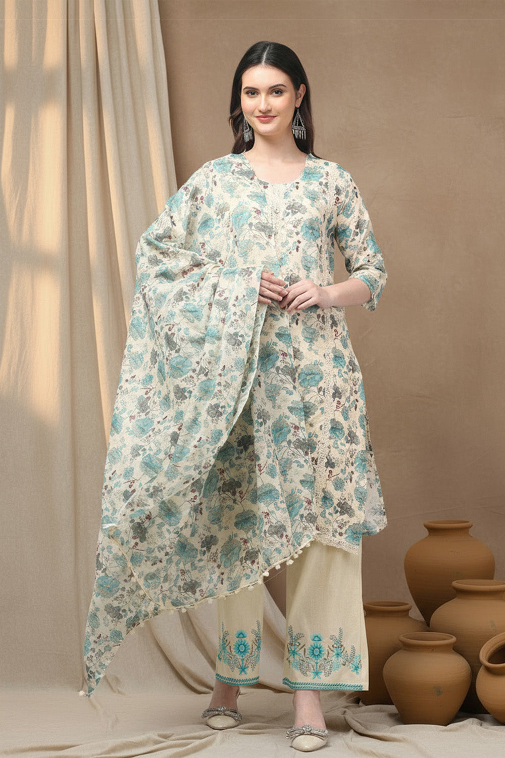 COTTON EMBROIDERED SUIT SET- SEA GREEN