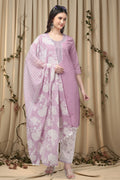 COTTON CHIKANKARI MIRROR WORK SUIT SET-PURPLE